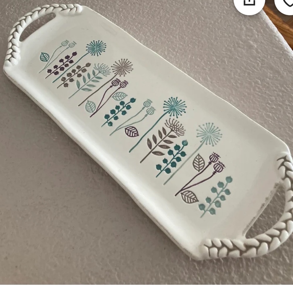 Grasslands Road cheese tray  platter ceramic flower purple green twisted handle